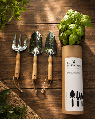 KIT DI 3 ATTREZZI DA GIARDINAGGIO CON MANICO IN LEGNO